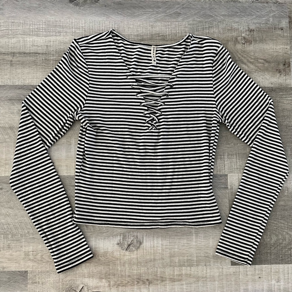 LF Striped Lace Up Long Sleeve Top